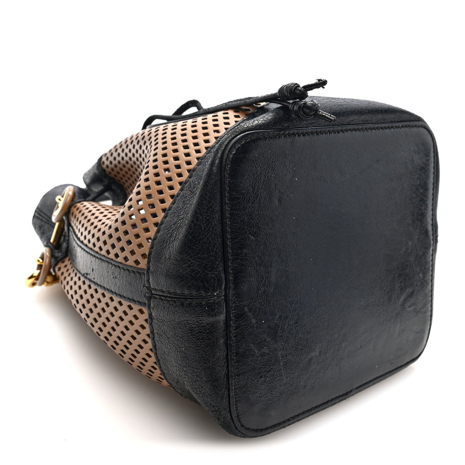 Fendi Vitello Liberty Glossy Lambskin F is Fendi Perforated Small Mon Tresor Bucket Bag Sand Mimosa Black 4 of 9
