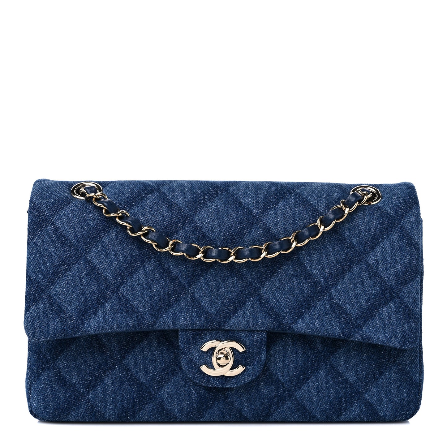 Printed Denim Quilted Medium Double Flap Dark Blue