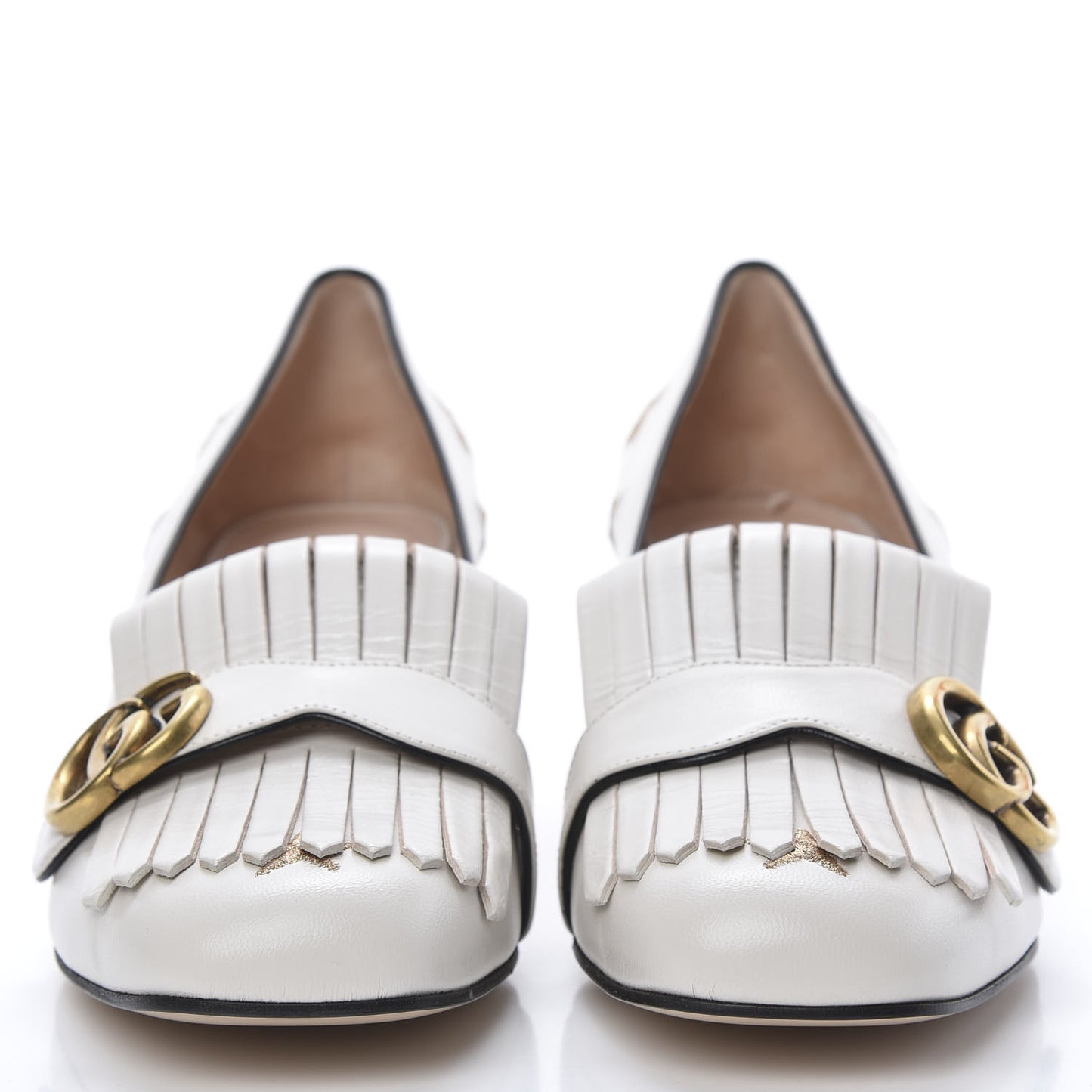 Quentin Goatskin Bee Star Embroidered GG Marmont Fringe 50mm Loafer Pumps 40.5 Mystic White