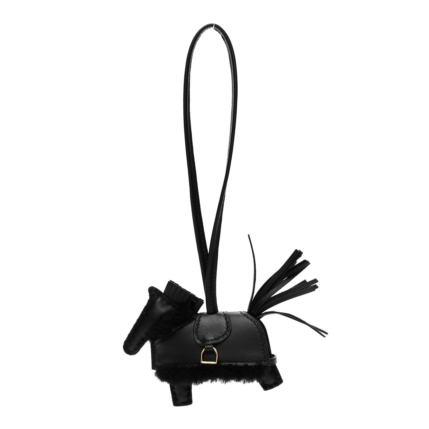 Hermes Milo Lambskin Merinos Wool Grigri Rodeo Robeo Plush Bag Charm PM Black 1 of 5