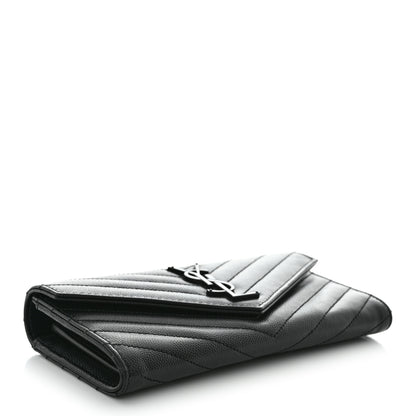 Saint Laurent Grain De Poudre Matelasse Chevron Monogram Flap Wallet Black 4 of 12
