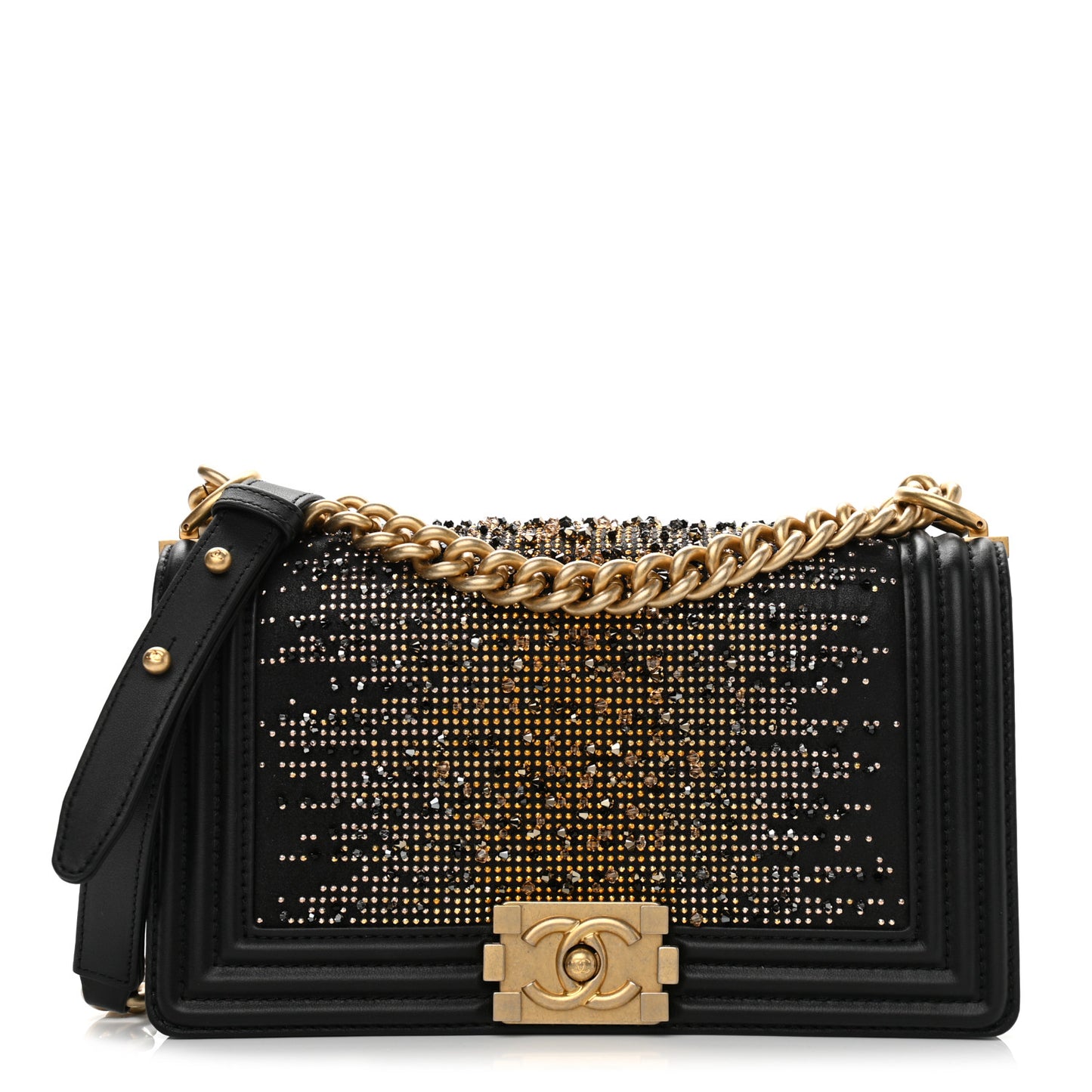 Calfskin Strass Studded Medium Boy Flap Black Gold