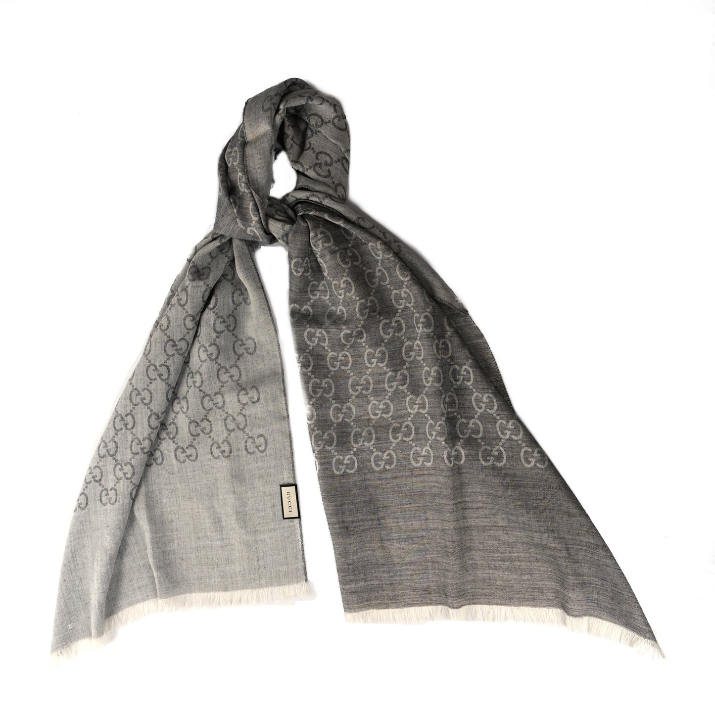 Wool Silk Monogram Fringe Scarf Grey