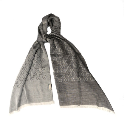 Gucci Wool Silk Monogram Fringe Scarf Grey 1 of 6