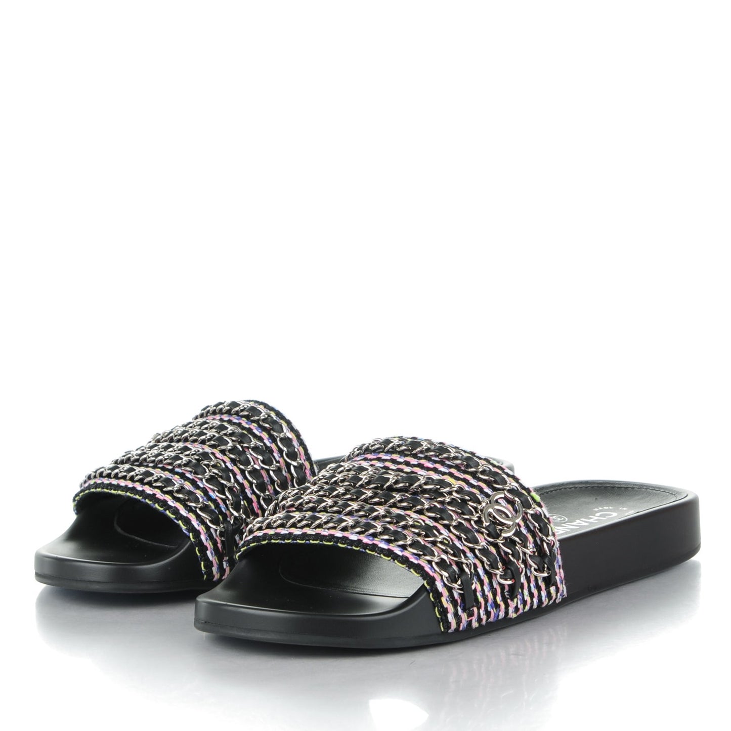 Tweed Lambskin Chain Flat Sandals Black 41 Multicolor