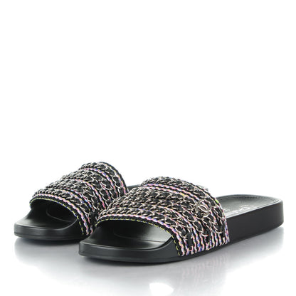 Chanel Tweed Lambskin Chain Flat Sandals Black 41 Multicolor 3 of 8
