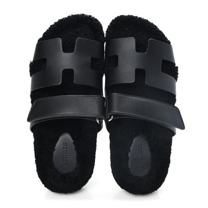 Hermes Calfskin Woolskin Womens Chypre Sandals 38 Black 2 of 10