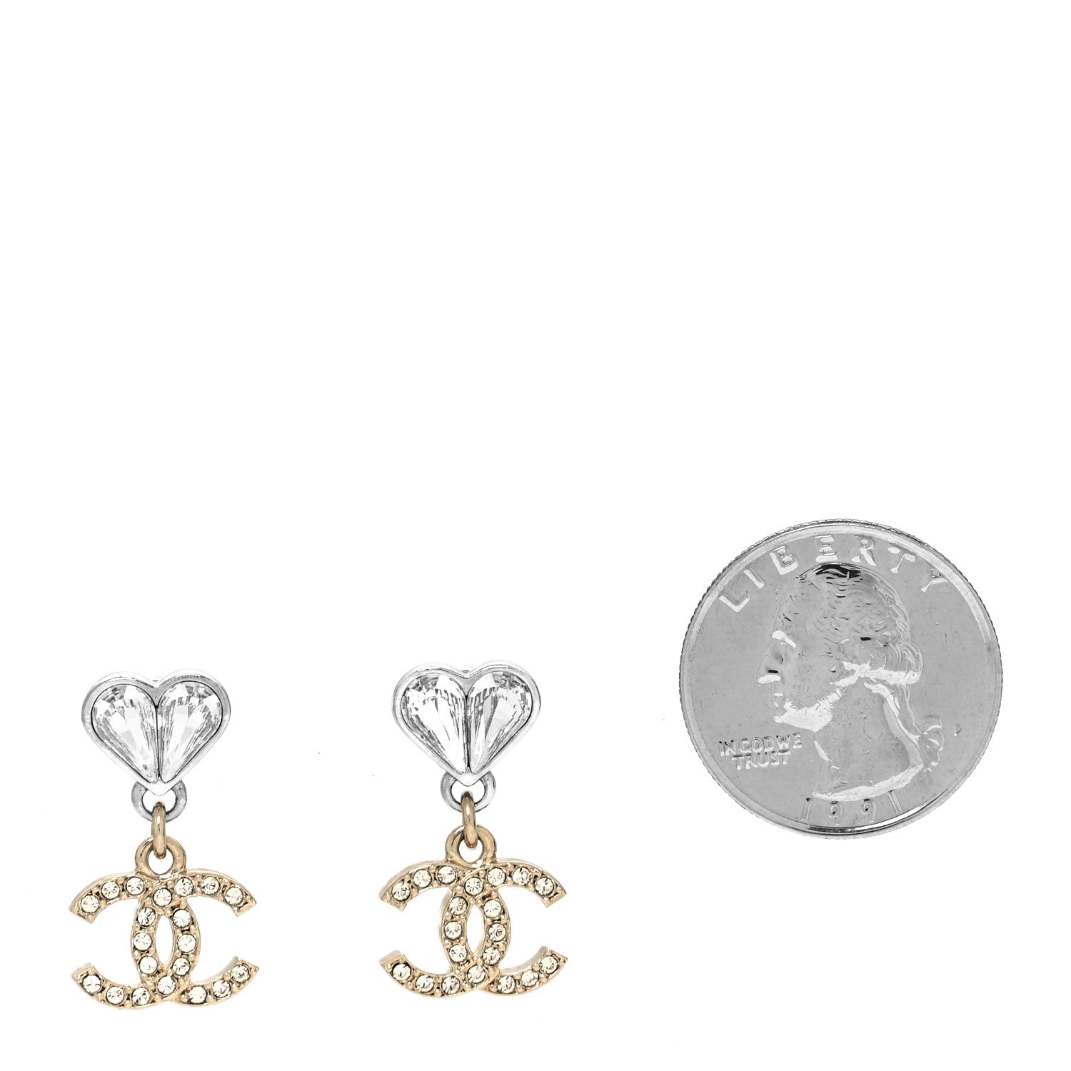 Chanel Crystal CC Heart Drop Earrings Gold Silver 2 of 4