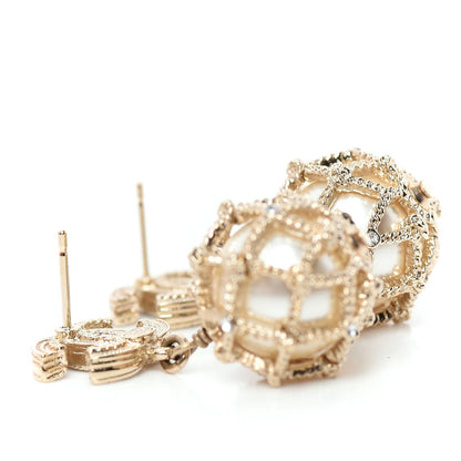 Chanel Crystal Pearl CC Drop Earrings Gold Pearly White 4 of 6