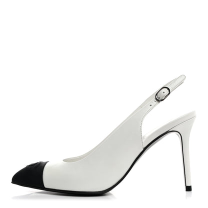 Chanel Goatskin Grosgrain Pointed Cap Toe CC Slingback Pumps 36.5 White Black 1 of 9