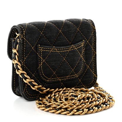 Chanel Denim Quilted Double You Card Holder On Chain Black Golden 3 of 10