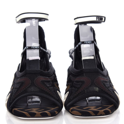 Fendi Technical Mesh FF FFreedom Patchwork Low Heel Peep Toe Sandals 38 Tobacco Black Asfalto 2 of 10