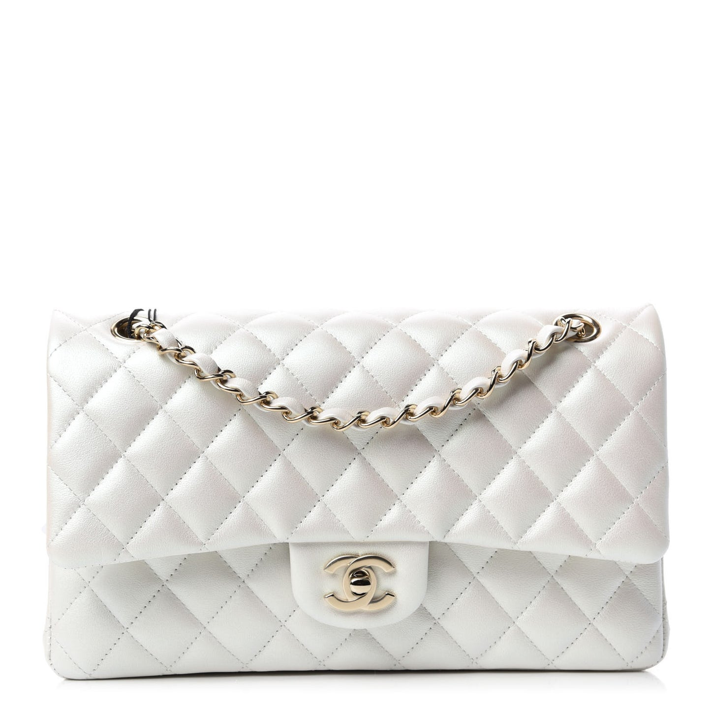 Iridescent Calfskin Quilted Medium Double Flap Ivory