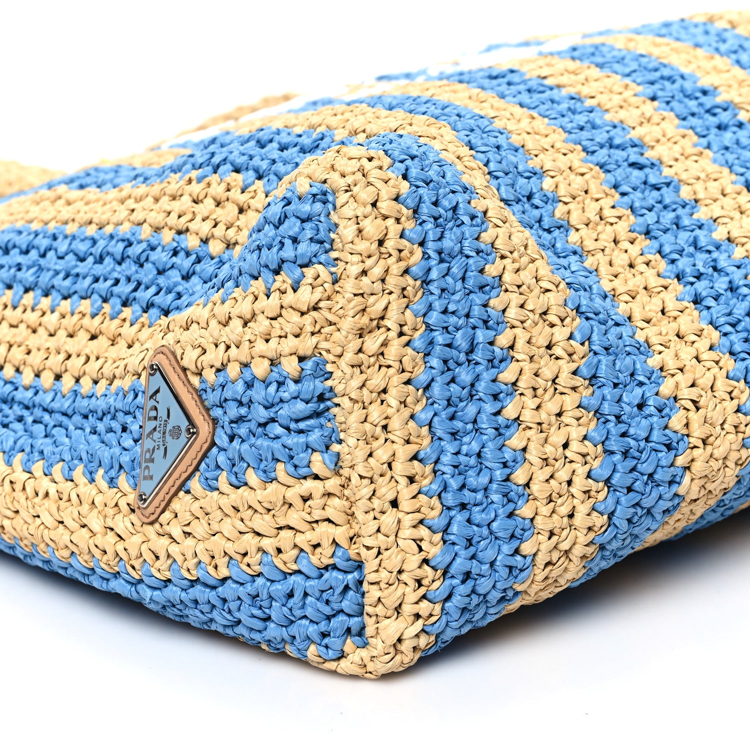 Prada Yarn Raffia Effect Crochet Striped Large Logo Tote Naturale Celeste 8 of 9