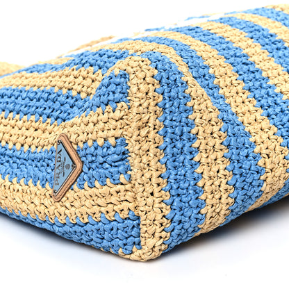 Prada Yarn Raffia Effect Crochet Striped Large Logo Tote Naturale Celeste 8 of 9