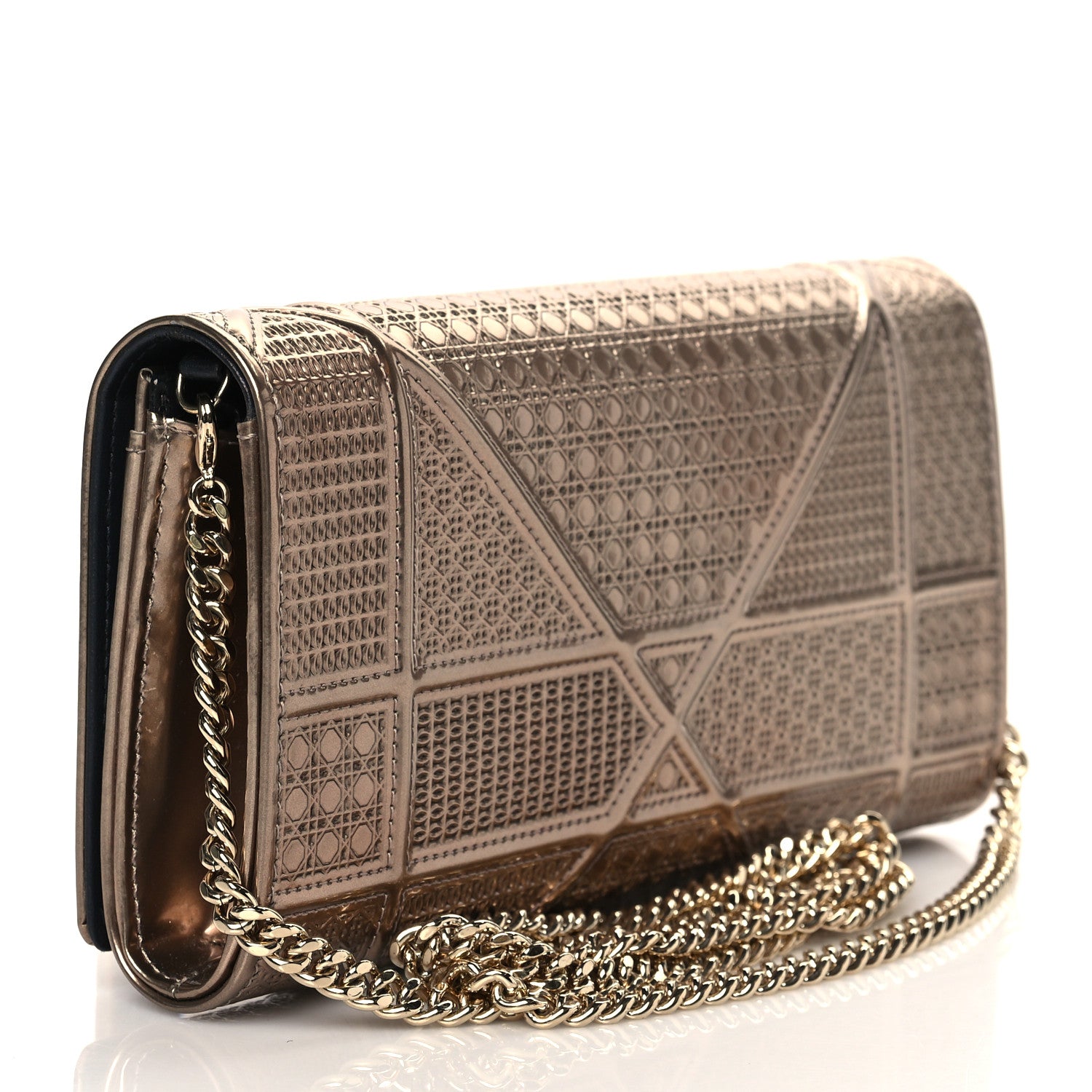 Christian Dior Metallic Patent Micro-Cannage Diorama Croisiere Chain Wallet Champagne 3 of 9