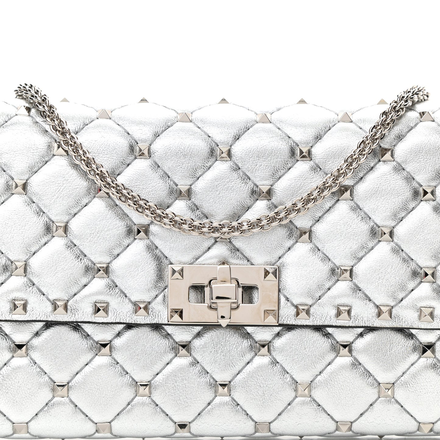 Metallic Lambskin Rockstud Spike Wallet on Chain Silver