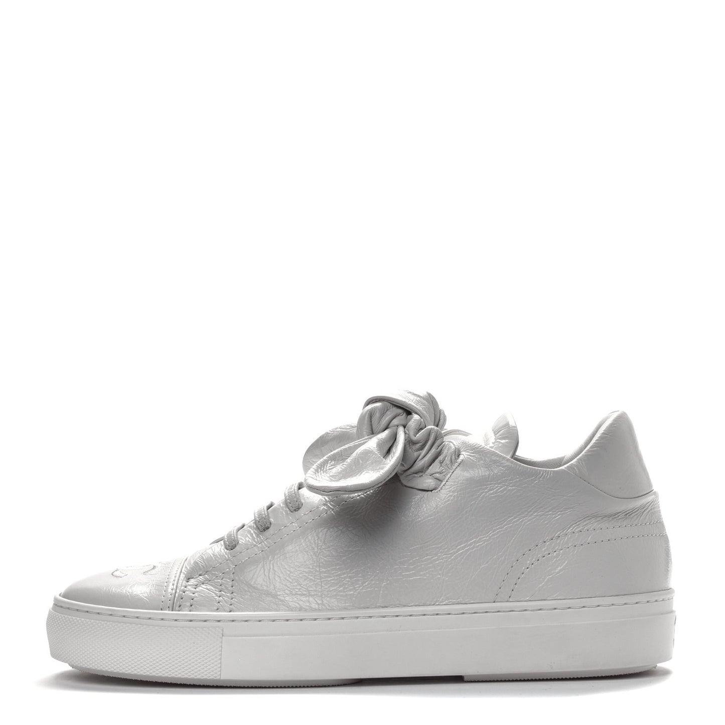 Crumpled Calfskin Womens CC Bow Sneakers White