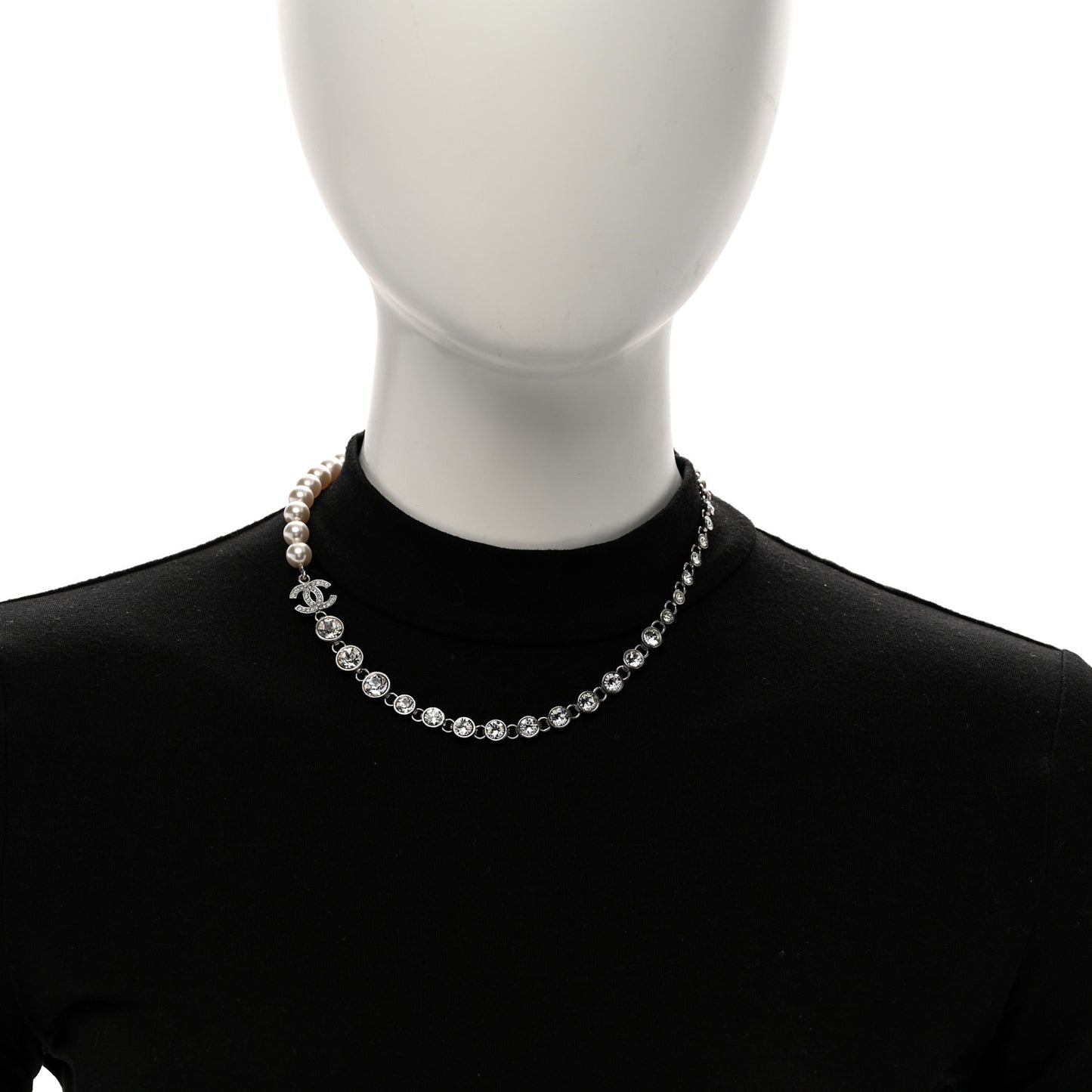 Pearl Crystal CC Choker Necklace Silver