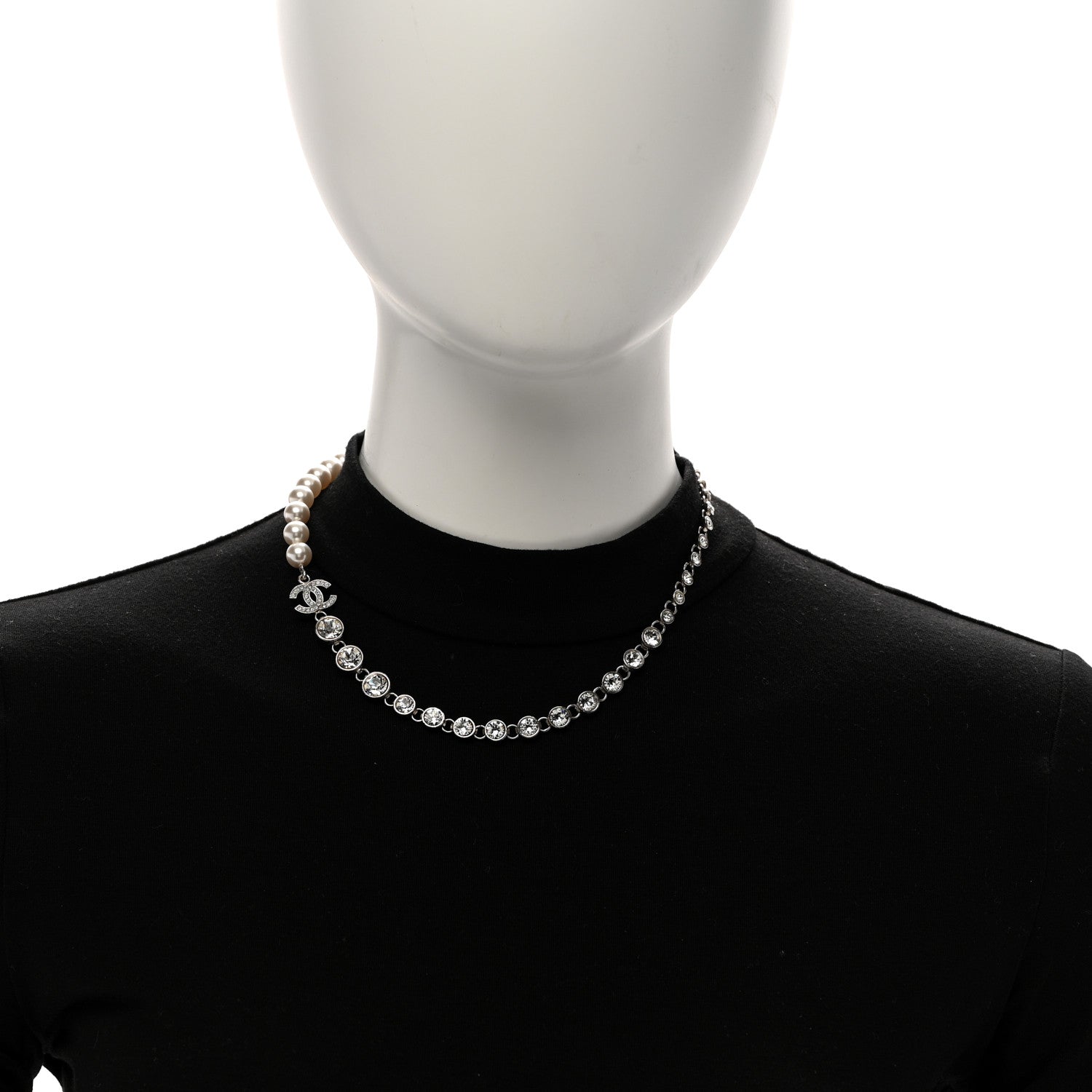 Chanel Pearl Crystal CC Choker Necklace Silver 2 of 5