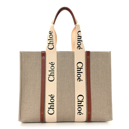Chloe Linen Calfskin Large Woody Ribbon Tote White Brown 1 of 8
