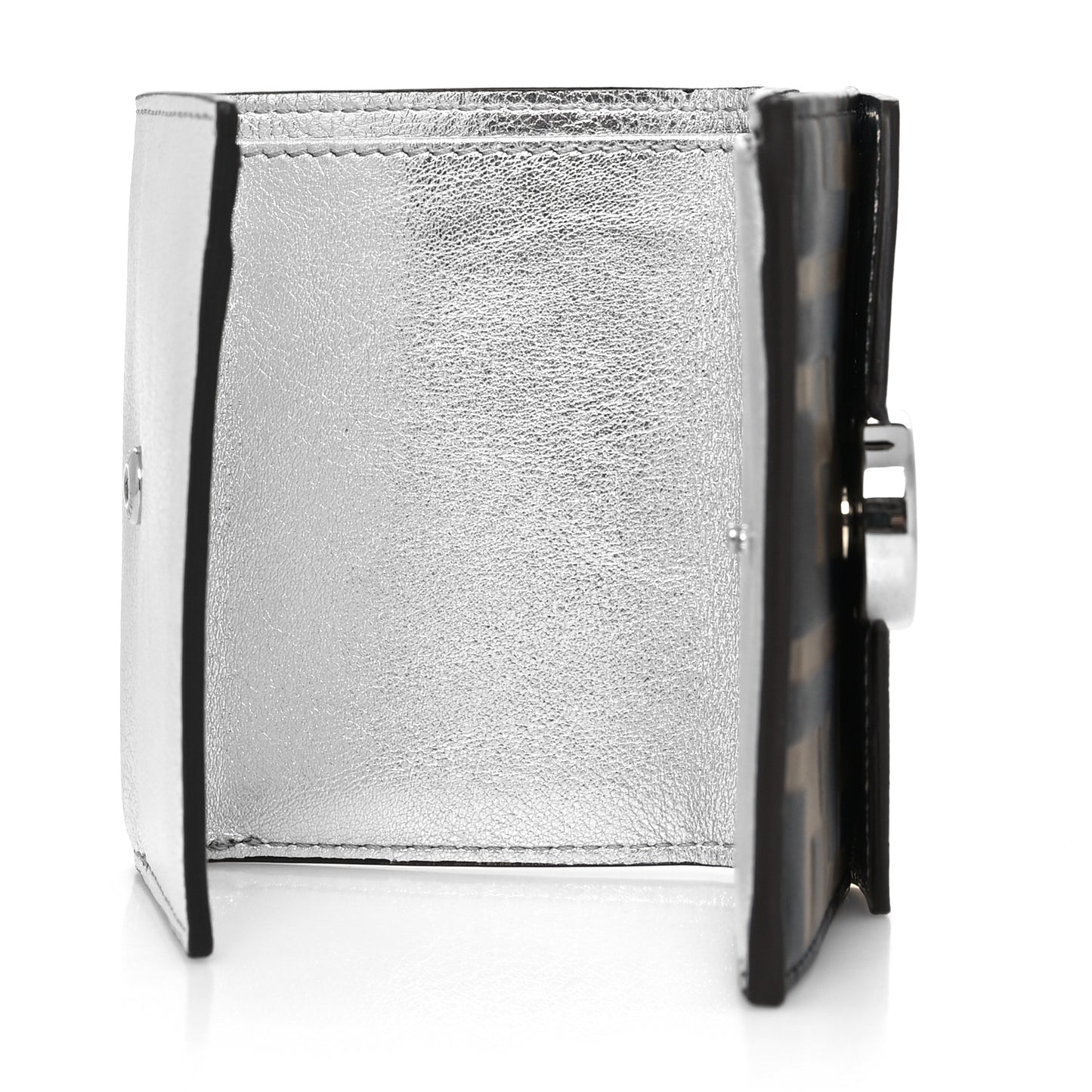 Vitello Soft Catalan Mirror F is Fendi Bi-Color FF 1974 Embossed Micro Tri-Fold Envelope Wallet Maya Black Argento