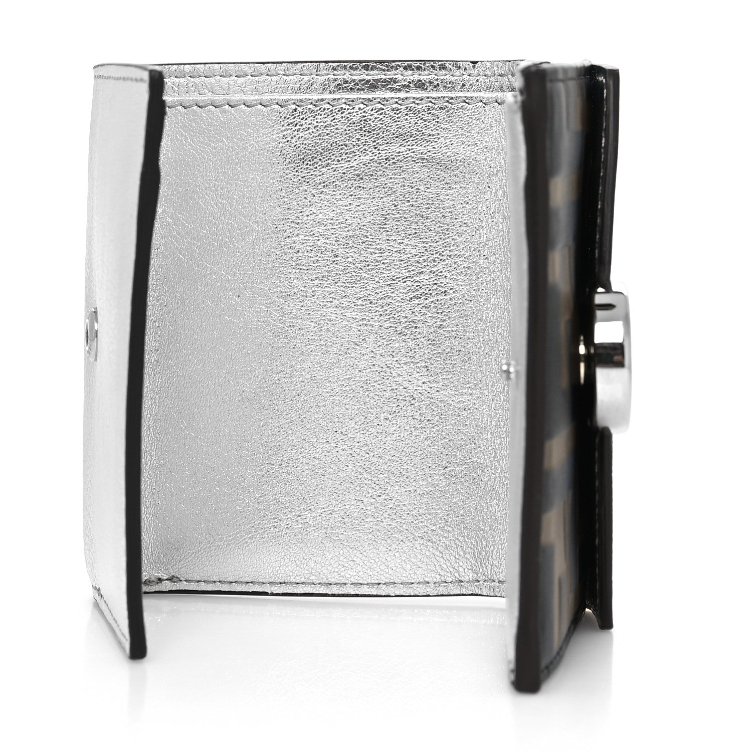 Fendi Vitello Soft Catalan Mirror F is Fendi Bi-Color FF 1974 Embossed Micro Tri-Fold Envelope Wallet Maya Black Argento 5 of 11