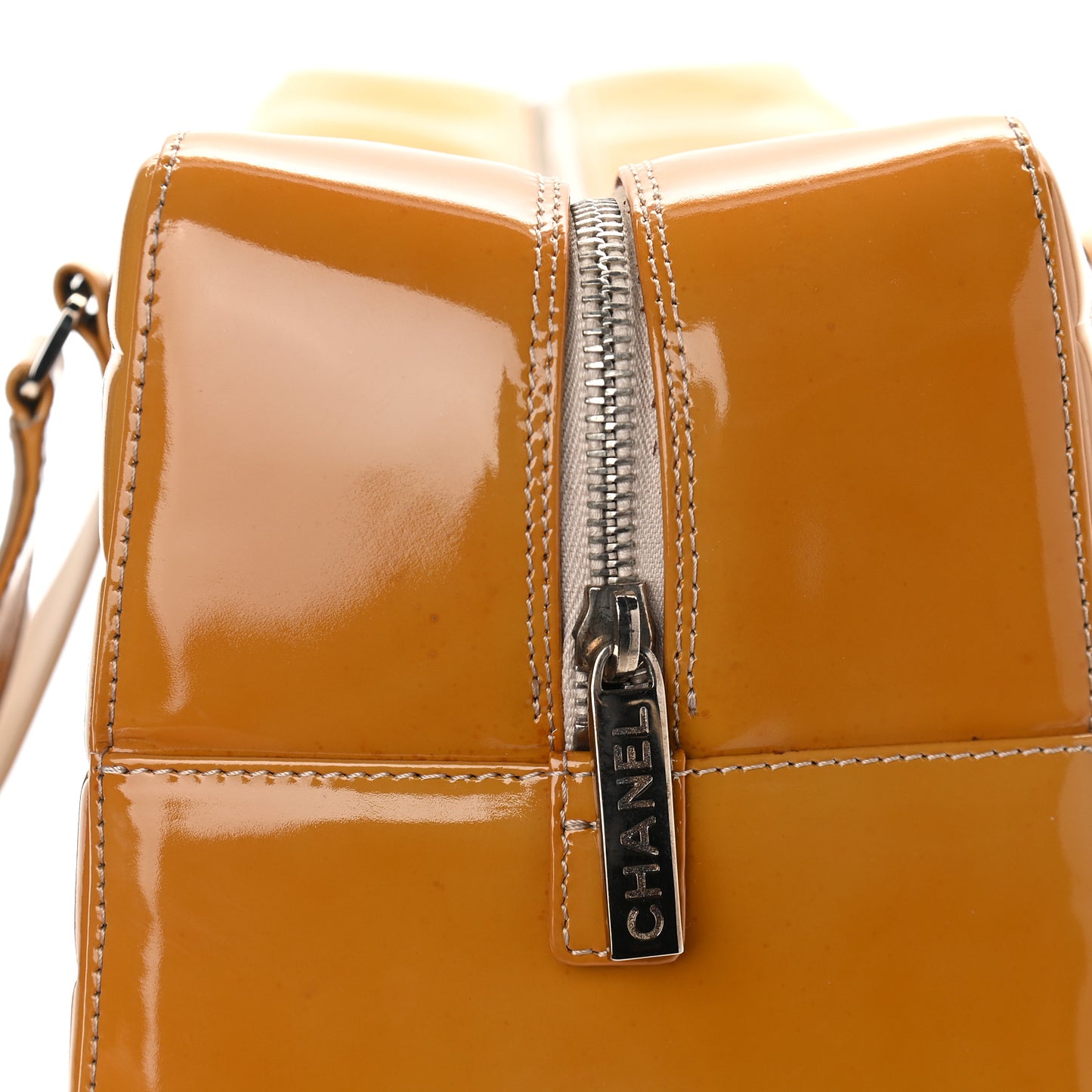 Patent Quilted Chocolate Bar Bowler Beige