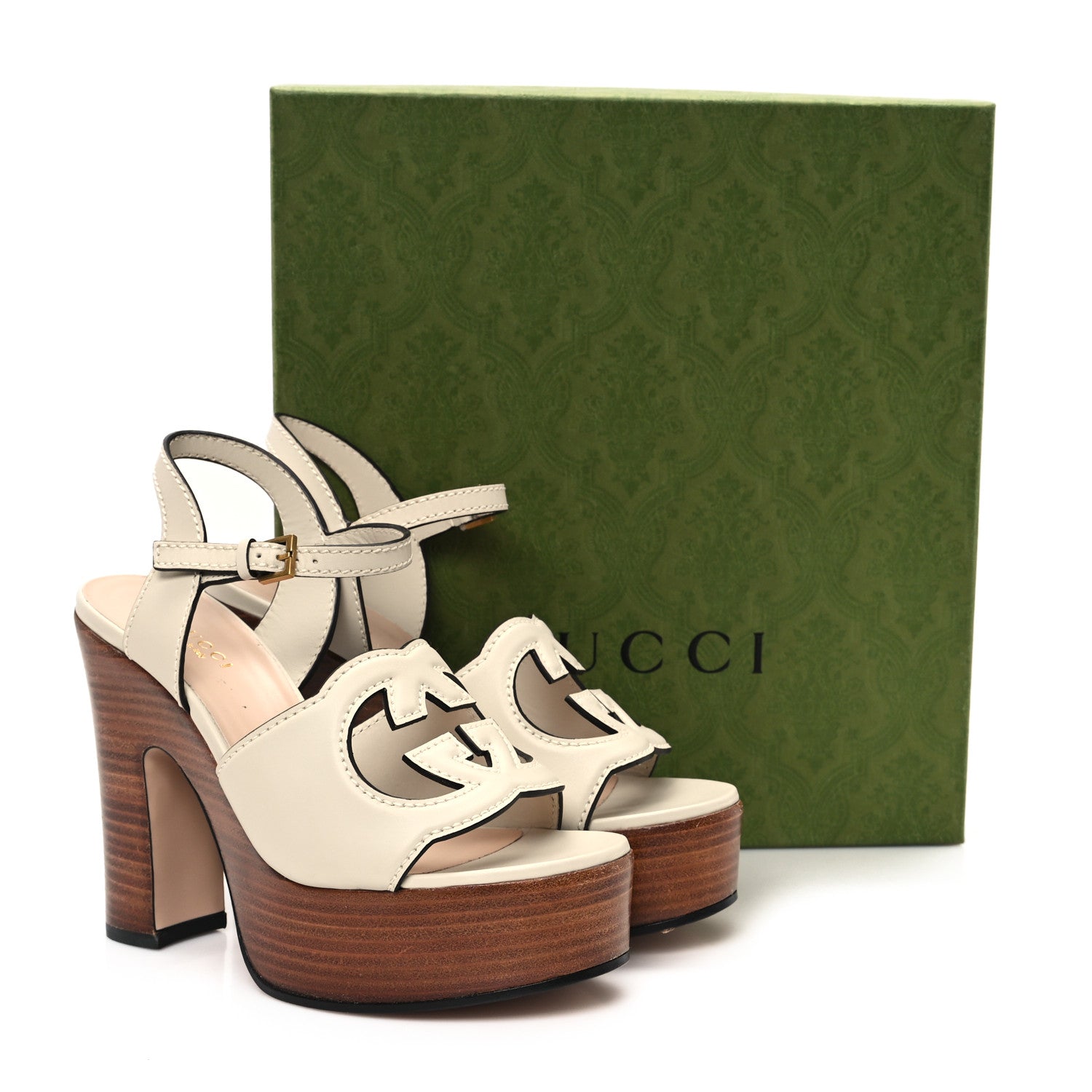 Gucci Cosmos Softy Calfskin Wooden Interlocking G Cut-Out 30/120mm Platform Sandals 36.5 Mystic White 9 of 9
