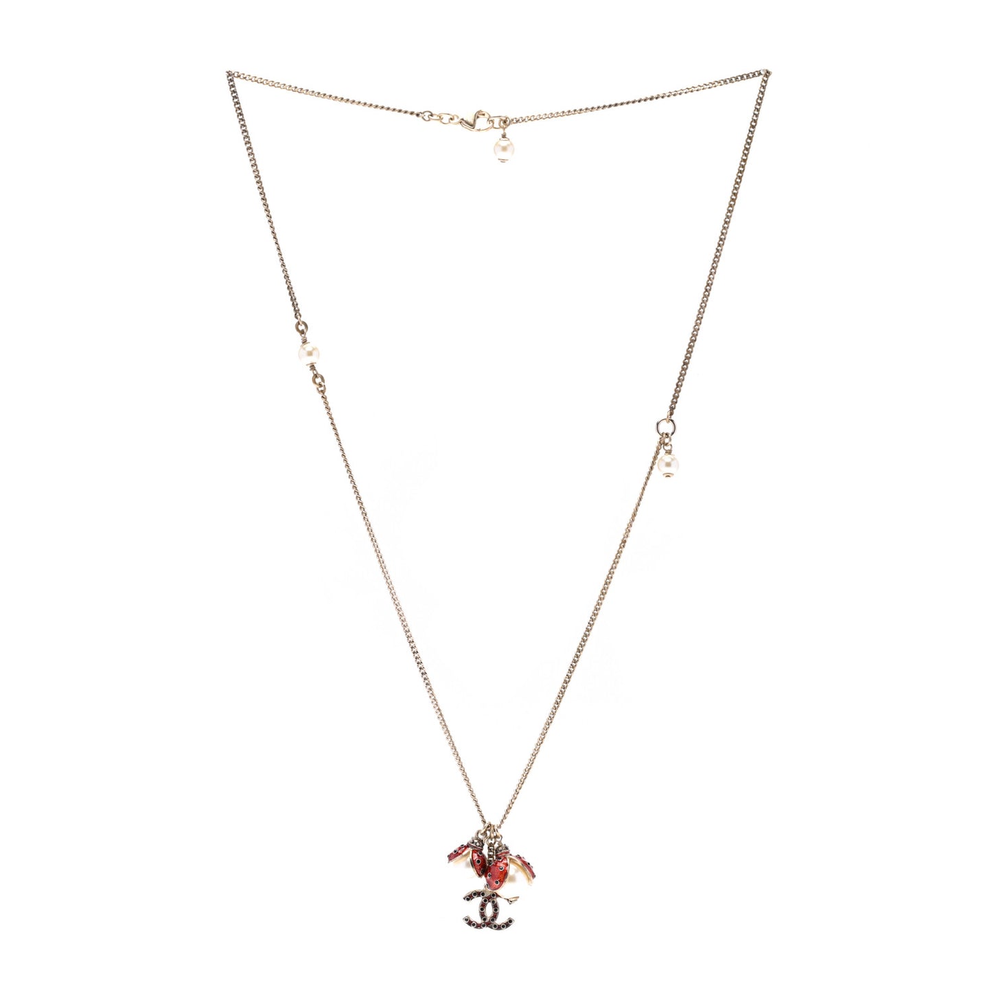 Enamel Pearl CC Ladybug Necklace Gold Red