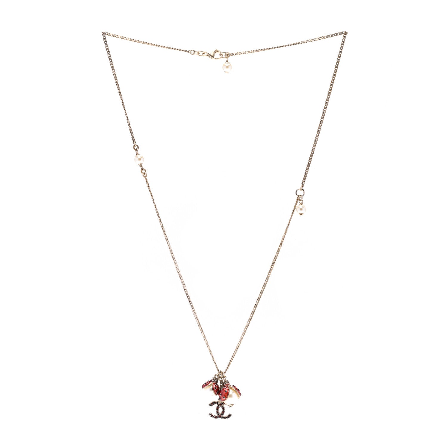 Chanel Enamel Pearl CC Ladybug Necklace Gold Red 3 of 6