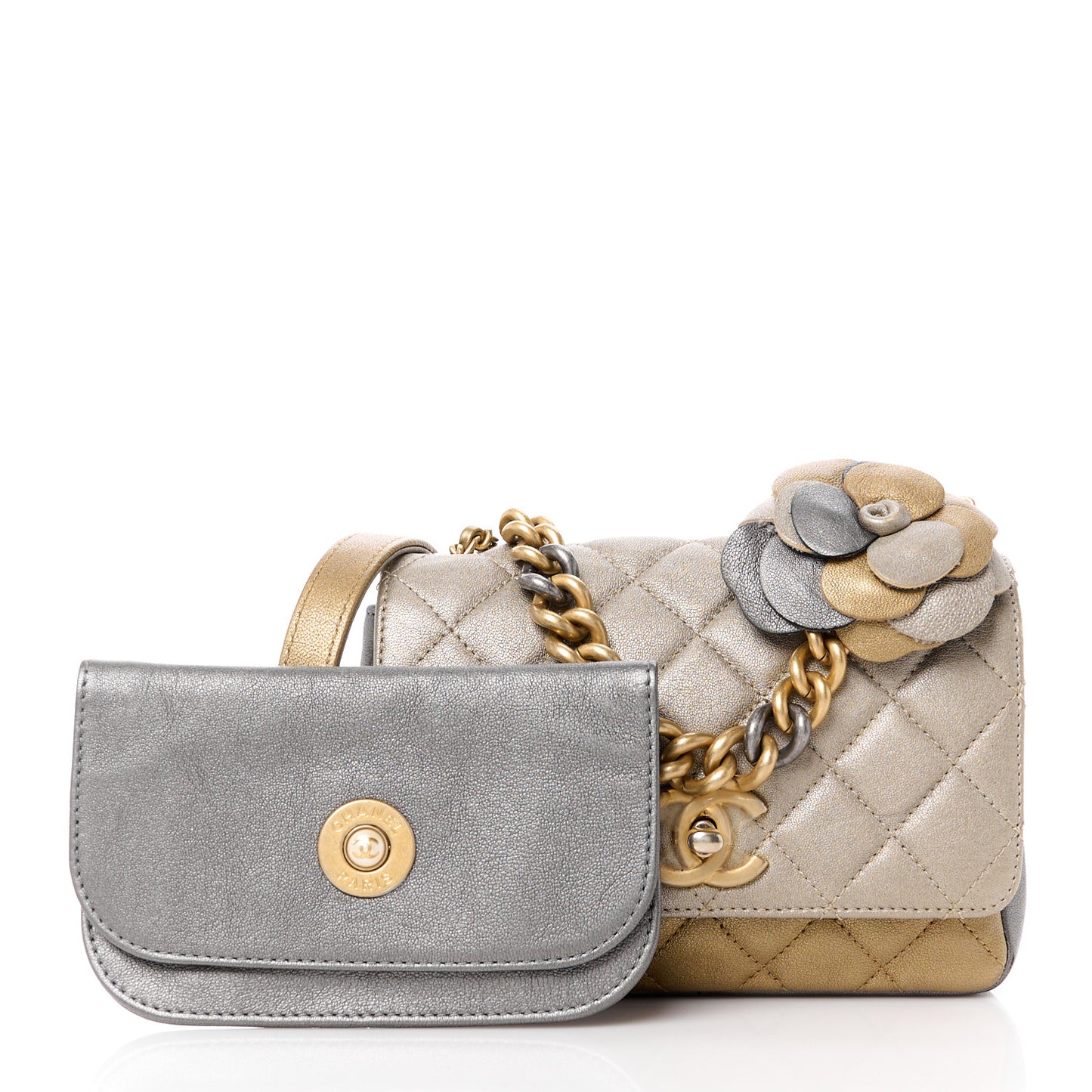 Lambskin Quilted Private Affair Camellia Flap Pale Gold Silver Dark Gold