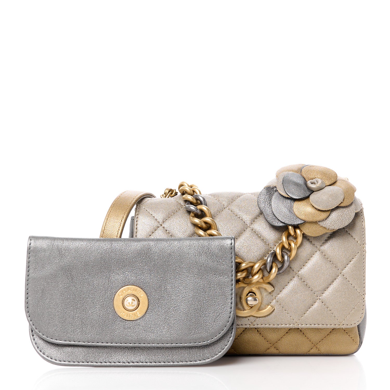 Chanel Lambskin Quilted Private Affair Camellia Flap Pale Gold Silver Dark Gold 3 of 15