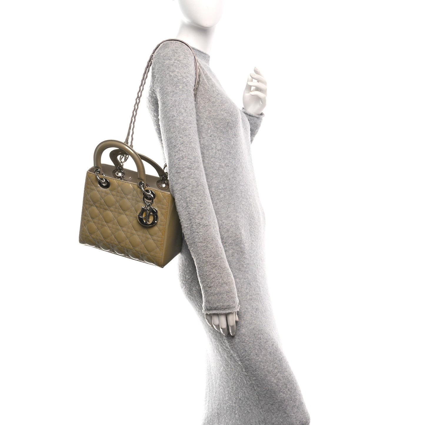 CHRISTIAN DIOR Patent Cannage Medium Lady Dior Grey Grey