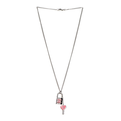Chanel Padlock and Key CC Necklace Silver Pink 3 of 5