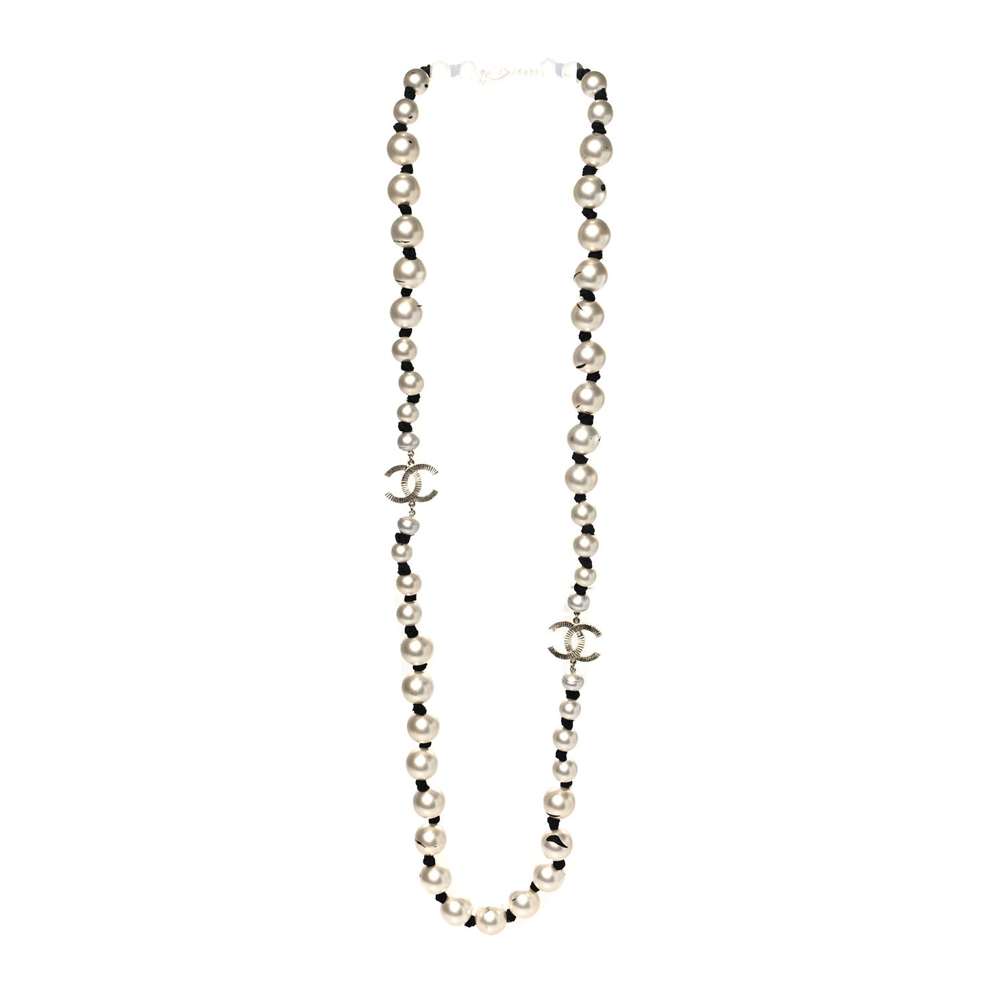 Pearl Grosgrain CC Long Necklace Gold