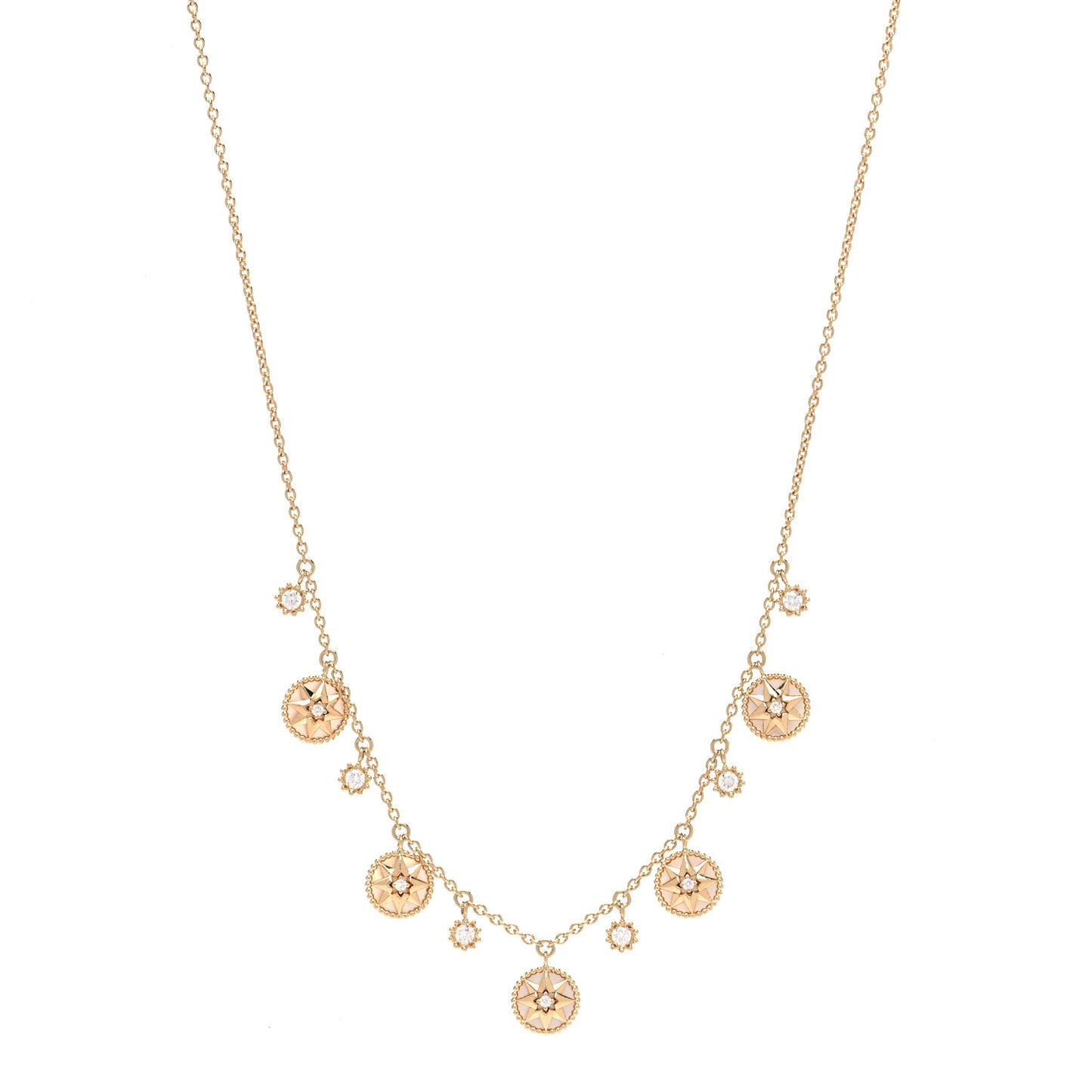 18K Yellow Gold Diamond Mother of Pearl Rose Des Vents 5-Station Necklace