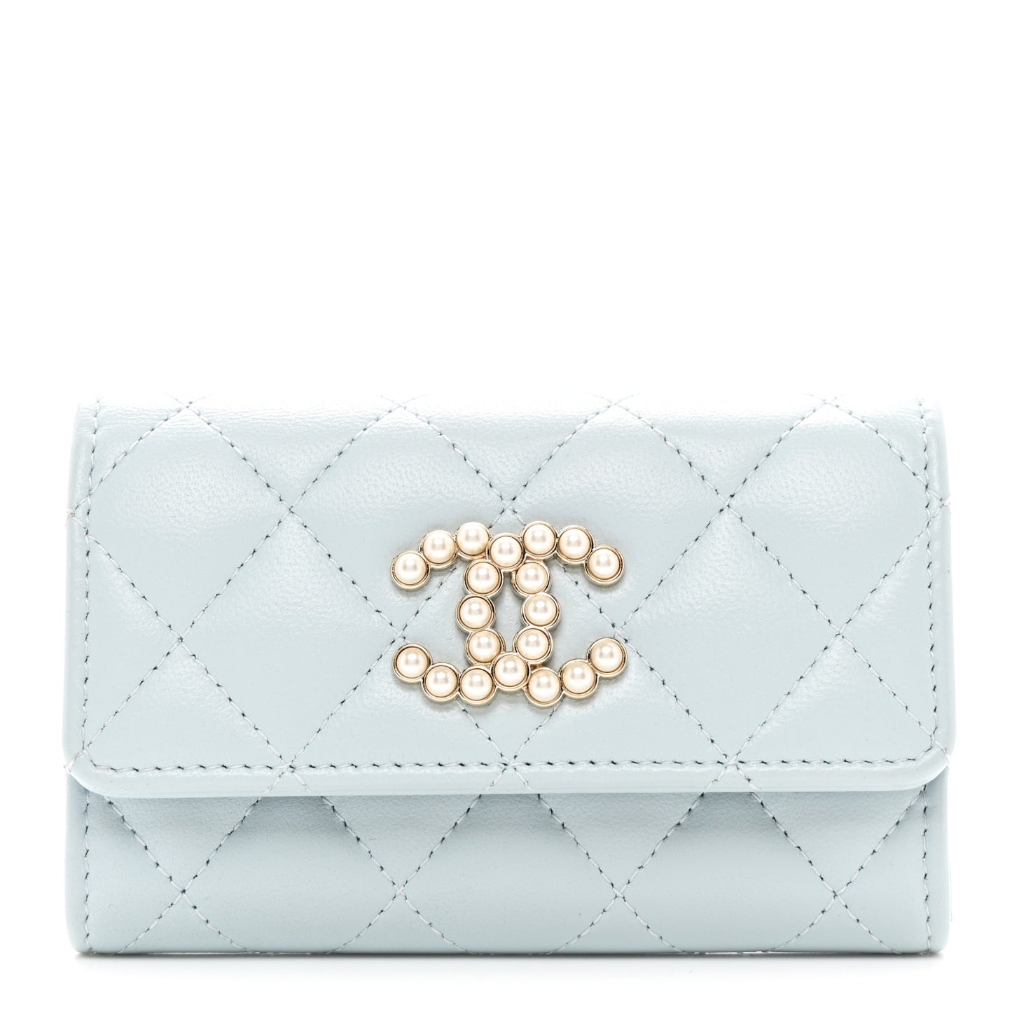 Lambskin Quilted Pearl CC Chanel Flap Card Holder Light Blue
