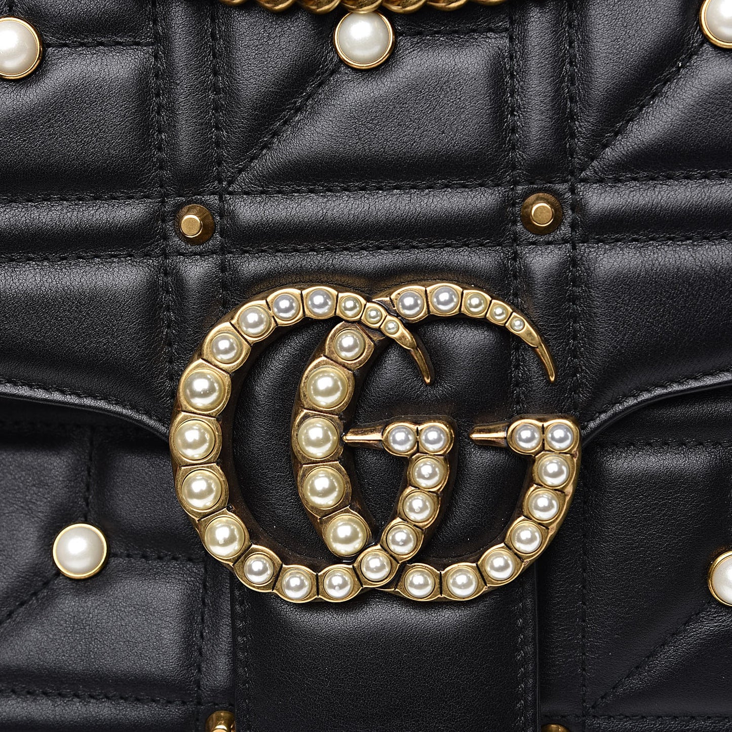 Calfskin Matelasse Studded Medium Pearly GG Marmont Shoulder Bag Black