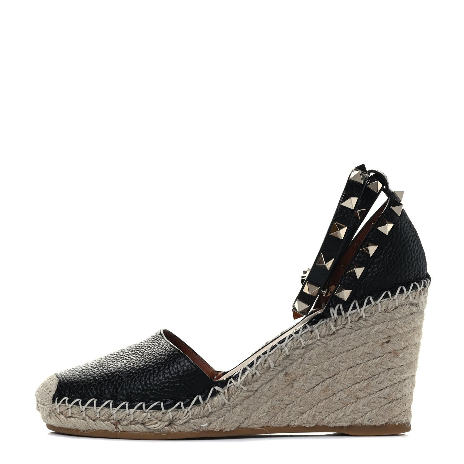 Valentino Garavani Grained Calfskin Rockstud Ankle Wrap Espadrille 15/85mm Wedges 35 Black Light Cuir 1 of 7