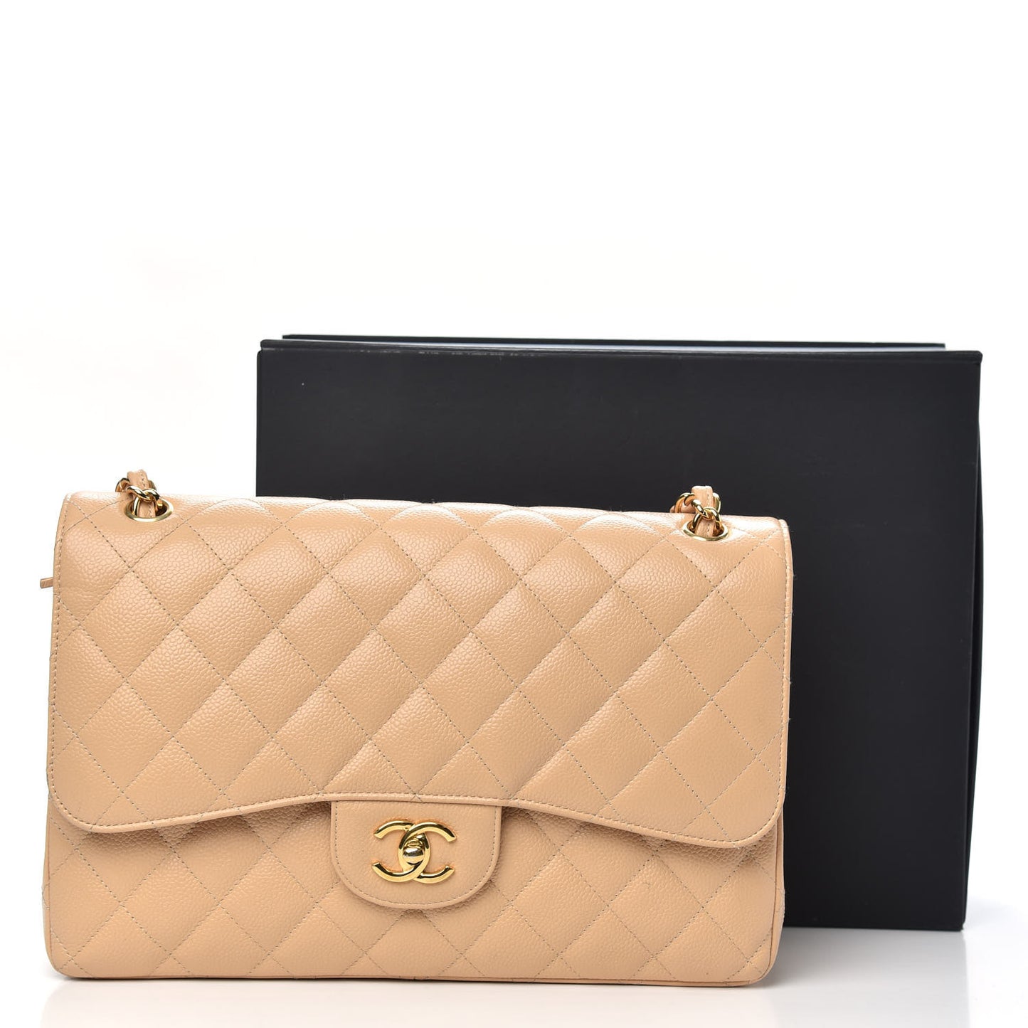 Caviar Quilted Jumbo Double Flap Beige Clair