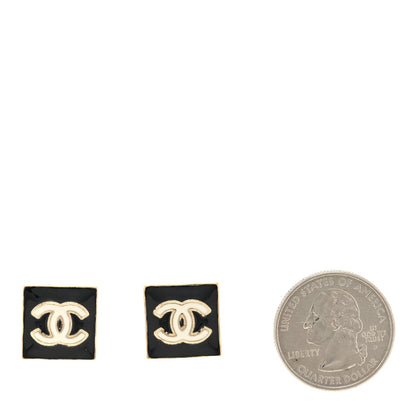 Chanel Metal Enamel CC Square Earrings Gold Black White 2 of 4