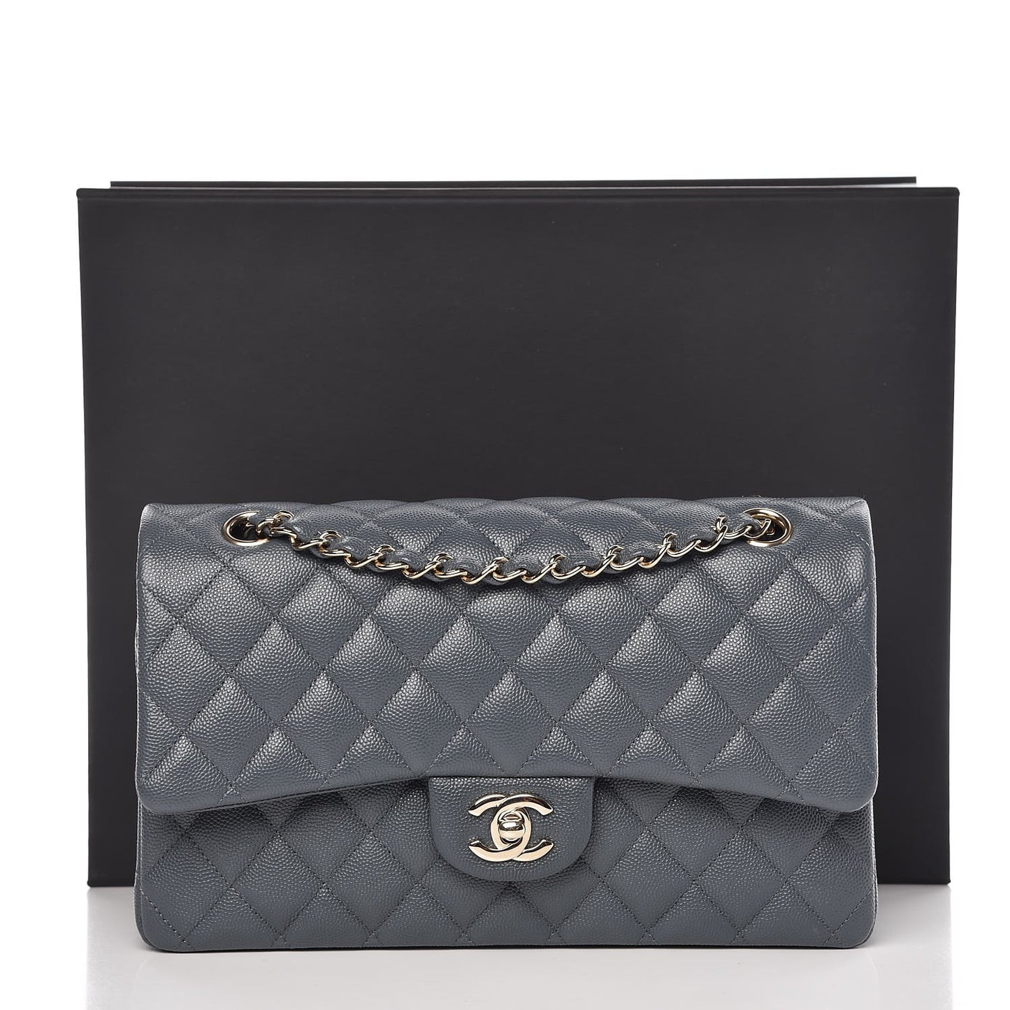 Caviar Quilted Medium Double Flap Dark Grey