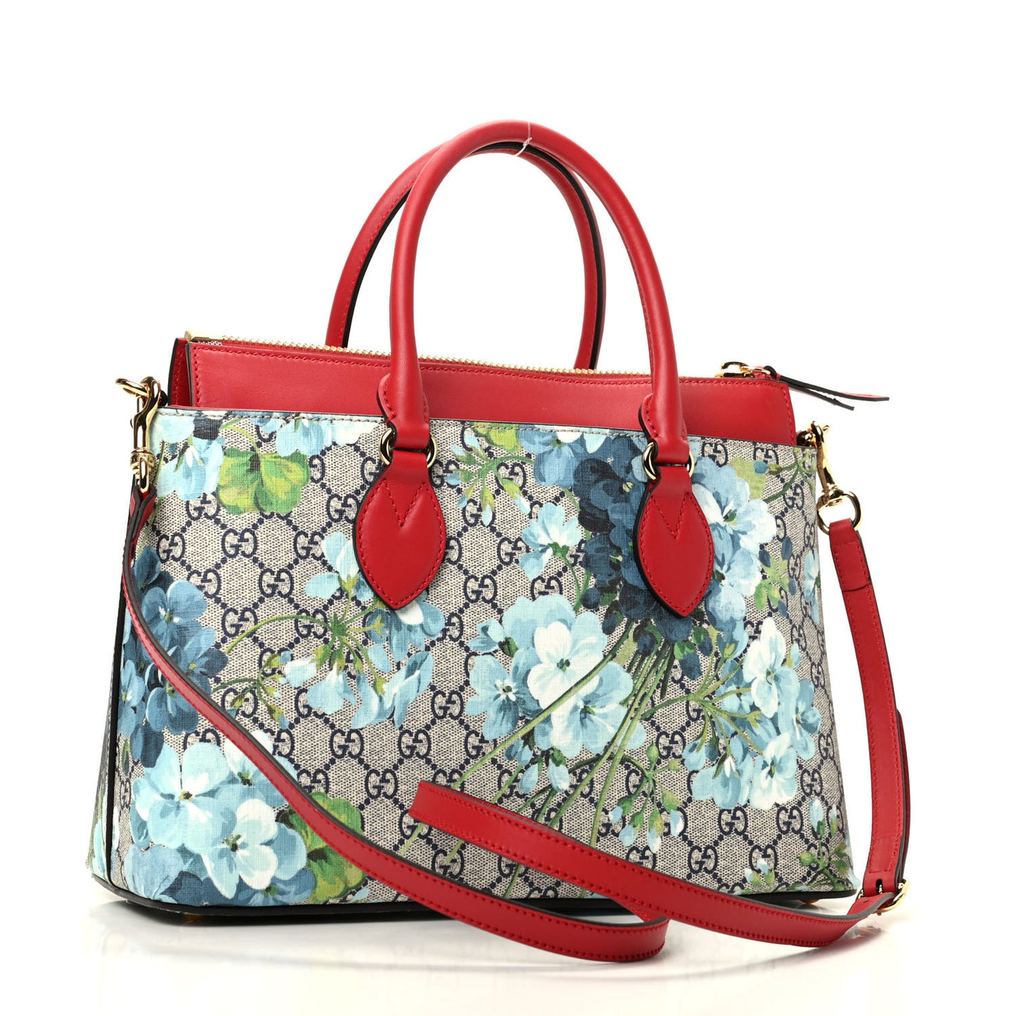 GG Supreme Monogram Blooms Medium Zip Top Tote Beige Blue Navy Hibiscus Red