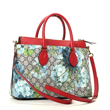 Gucci GG Supreme Monogram Blooms Medium Zip Top Tote Beige Blue Navy Hibiscus Red 3 of 10