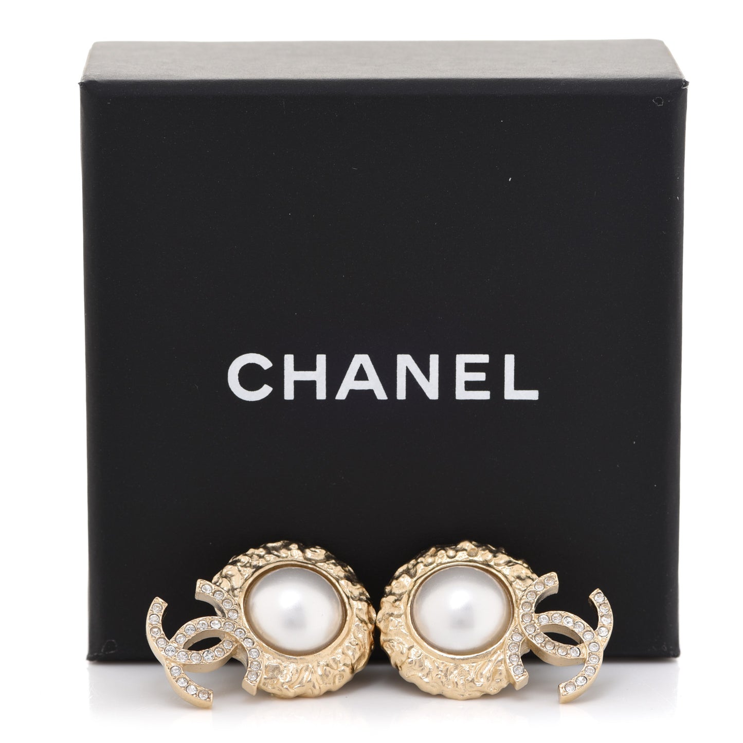 Crystal Pearl Textured CC Round Drop Earrings Gold