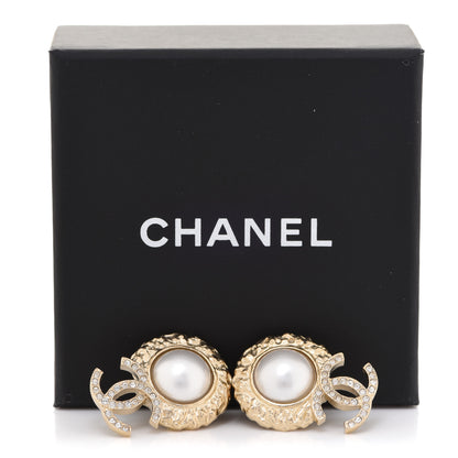 Chanel Crystal Pearl Textured CC Round Drop Earrings Gold 5 of 5