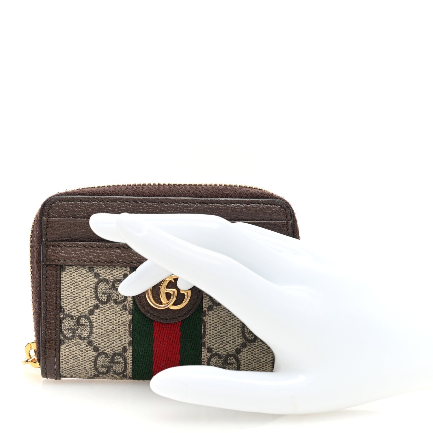 Gucci GG Supreme Monogram Textured Dollar Calfskin Web Ophidia Zip Around Card Case Wallet Beige Ebony New Acero 2 of 6