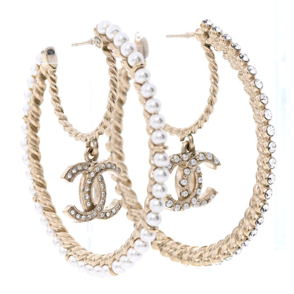 Chanel Crystal Pearl CC Drop Hoop Earrings Gold Pearly White 4 of 11