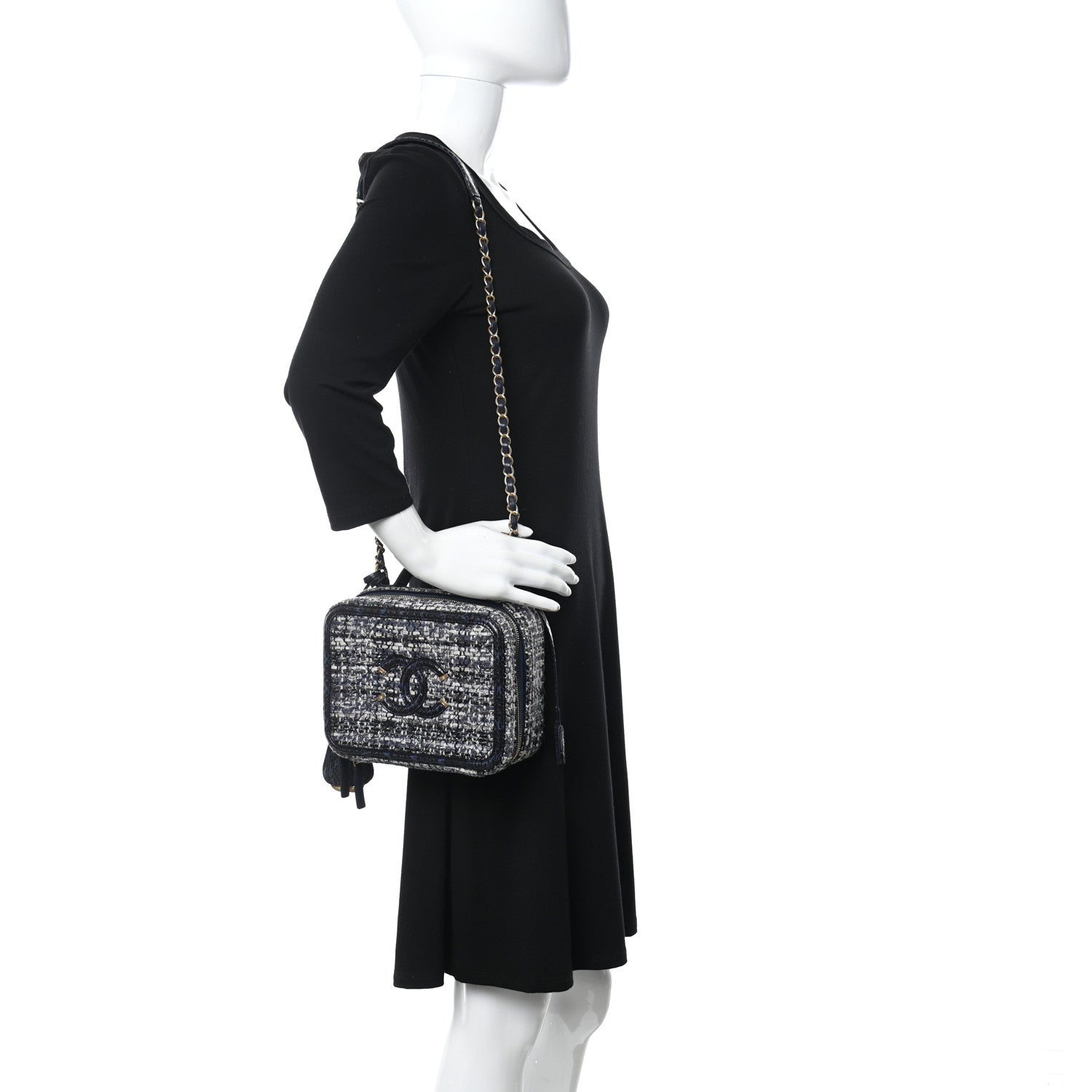 Chanel Tweed Snakeskin Quilted Medium CC Filigree Vanity Case Dark Navy 2 of 11
